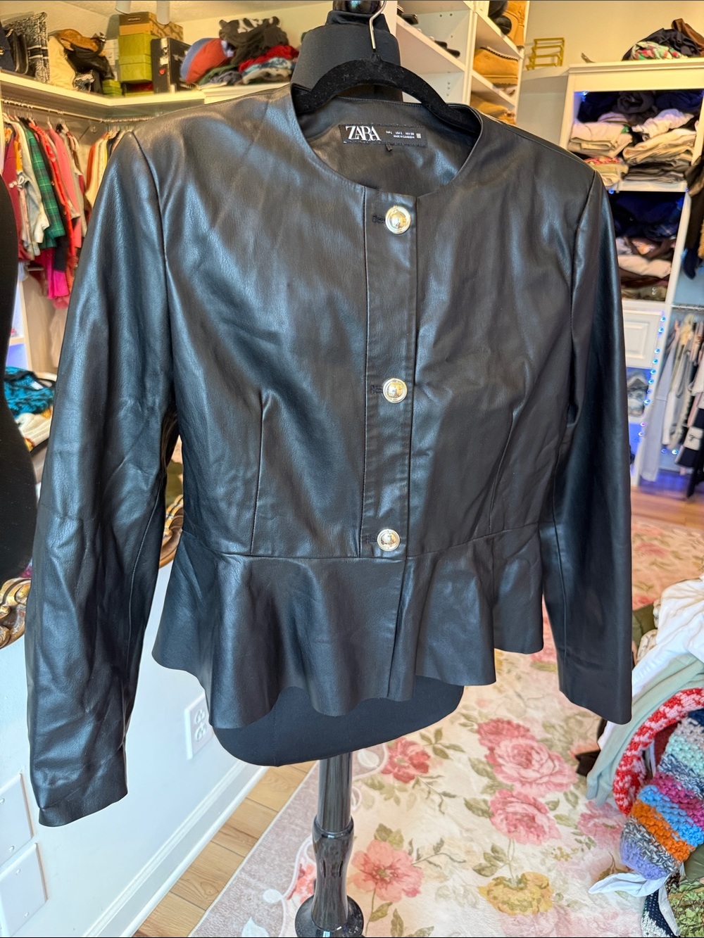 Zara Black Faux Leather Peplum Button Jacket